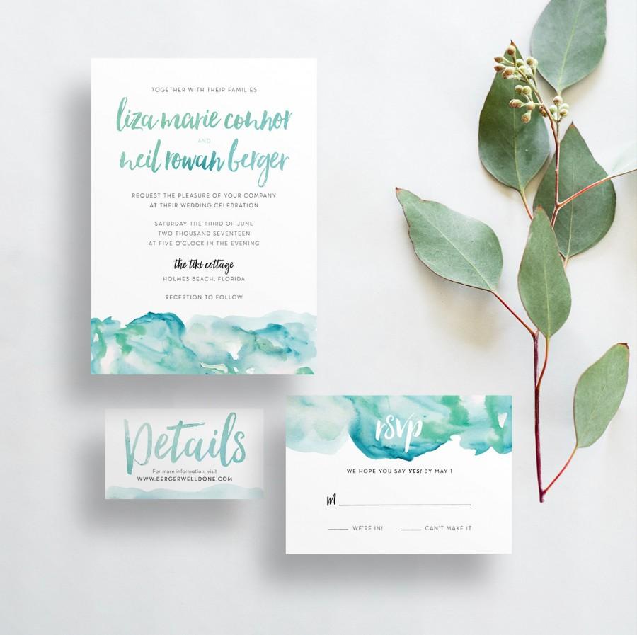 زفاف - watercolor ombre wedding invites // blue green aqua watercolor // beach wedding // brush lettering // printable // custom invites