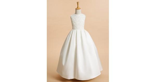 Hochzeit - A-line Ankle-length Flower Girl Dress Lace Satin Sleeveless Jewel with Lace