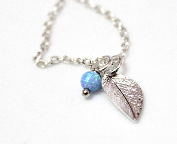 زفاف - Opal Leaf necklace, Sterling Silver Opal Necklace, Leaf Charm, Blue Opal Charm Necklace, Sterling Silver Necklace, Charm Necklace