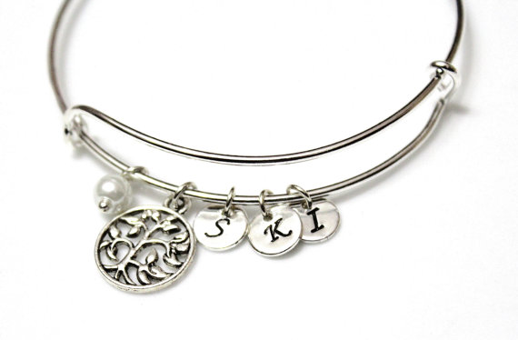 Hochzeit - Silver plated Life Bracelet, Family Tree Bracelet, Gold Bangle Bracelet, Tree of Life Bangle, Initial Bangle Bracelet, Pearl Bracelet