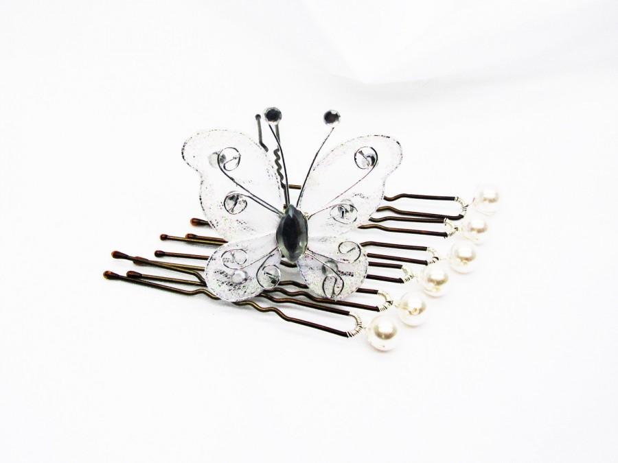 زفاف - Pics white Papillon wedding updo and pearls swarovski Pearly Crystal, wedding hair pins, set of 7 pins wedding color choices