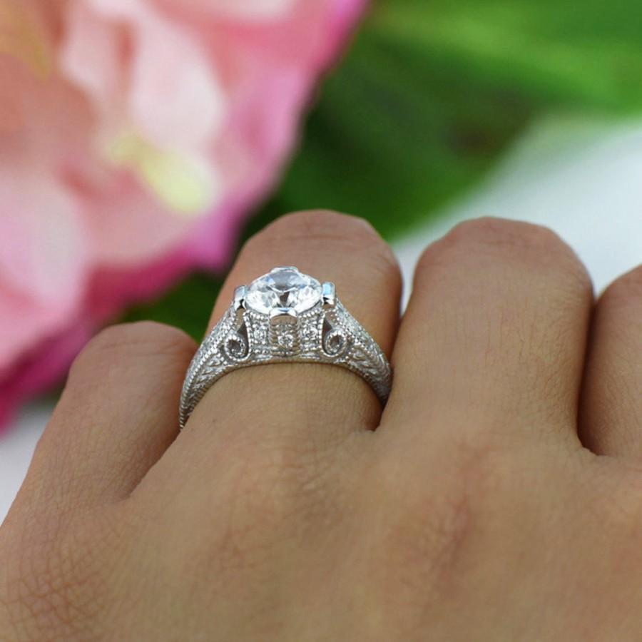 Wedding - 60% off 1.5 ctw Vintage Style Scroll Filigree Ring, Round Solitaire Engagement Ring, Man Made Diamond Simulant, Bridal Ring, Sterling Silver