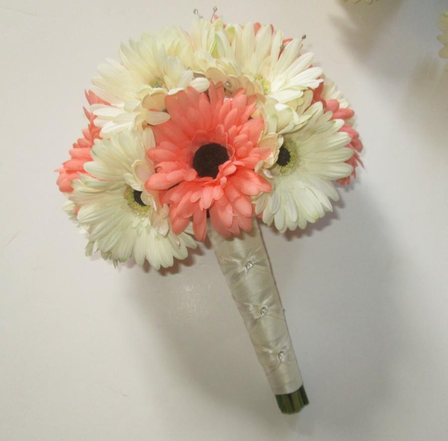 Hochzeit - Gerbera Daisy Wedding Bouquet, Silk Wedding Bouquet, Gerbera Daisies,  Coral and White, Marsala Gerberas, Wedding Floral Package