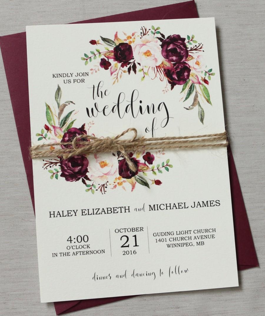 Hochzeit - Marsala Wedding Invitation Suite, Burgundy Pink,  Bohemian Wedding Invite Set, Rustic Floral Wedding Invitation, Boho Chic wedding