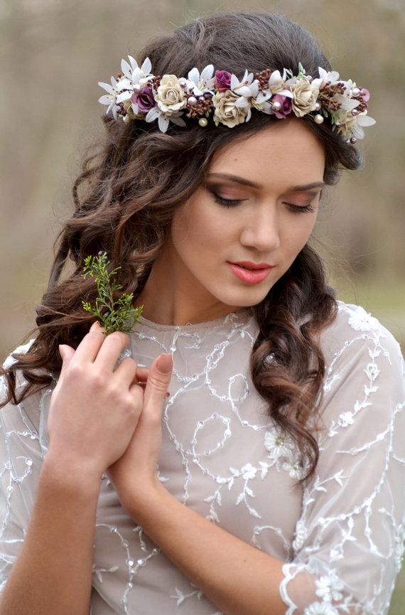 Hochzeit - Fall Flower pearl headpiece Rustic vintage ivory wreath Purple cream wedding floral crown linen roses flowers-bells Bridal set boutonniere