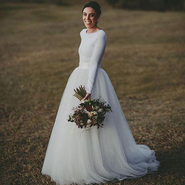 زفاف - Simple Design Scoop Neck Long Sleeve Long A-line Tulle Wedding Dresses, WD0196
