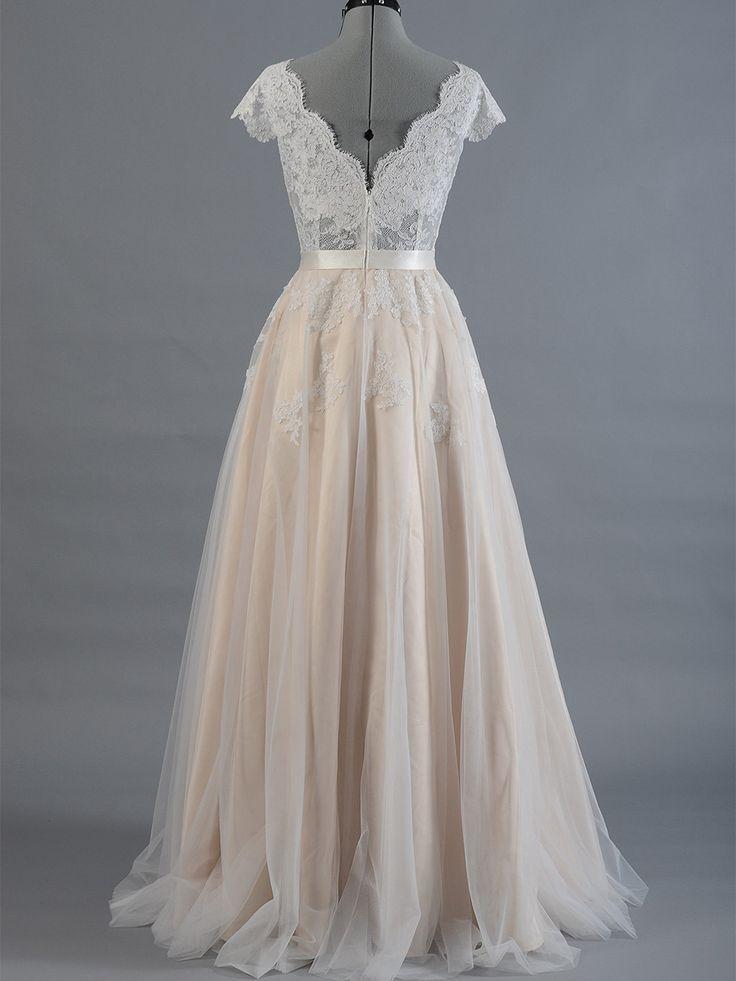 زفاف - Lace Wedding Dress, Wedding Dress, Bridal Gown, Cap Sleeve V-back Alencon Lace With Tulle Skirt