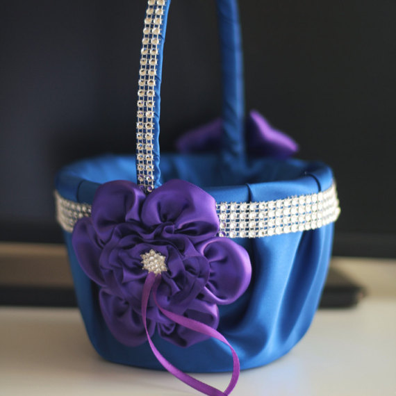 Wedding - Plum Blue Flower Girl Basket  Plum Blue Wedding Ceremony Basket  Blue Wedding Basket, Blue Ring Bearer Pillow Basket Set, Blue Plum Basket