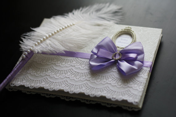 Hochzeit - Violet Wedding Guest Book  Violet Baby shower  Lavender Wishes Book  Wedding Sign in Book   Ostrich Feather Pen  Lavender Wedding Book
