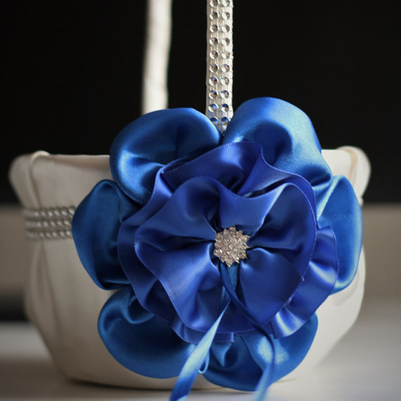 Mariage - Blue Flower Girl Basket  Ivory Blue Wedding Basket  Cobalt Blue Basket  Cobalt blue wedding  Royal Blue Wedding  Royal Wedding Basket