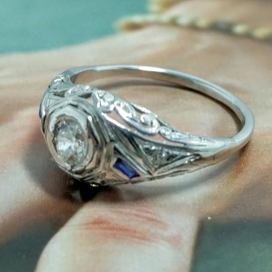 Wedding - 1920s engagement ring, 1920s Art Deco ring, Edwardian diamond jewelry, Old European cut diamond, 1920s diamond ring, Sapphire filigree ring