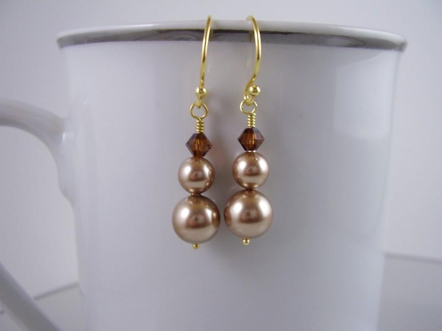 زفاف - Mocha Crystal Bronze Pearl Drop Earrings,Bronze Swarovski Pearl Earrings,Bridesmaid Earrings, Gifts,  Bronze Pearls Mocha Crystal Earrings,