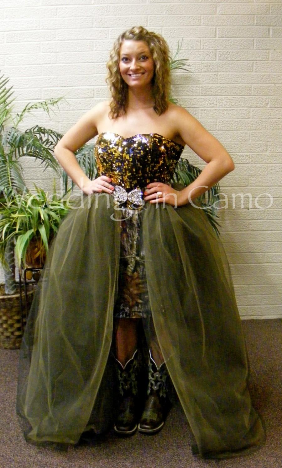 Hochzeit - CAMO dress SHORT dress with sequined top Optional Full Skirt and Rhinestone Buckle