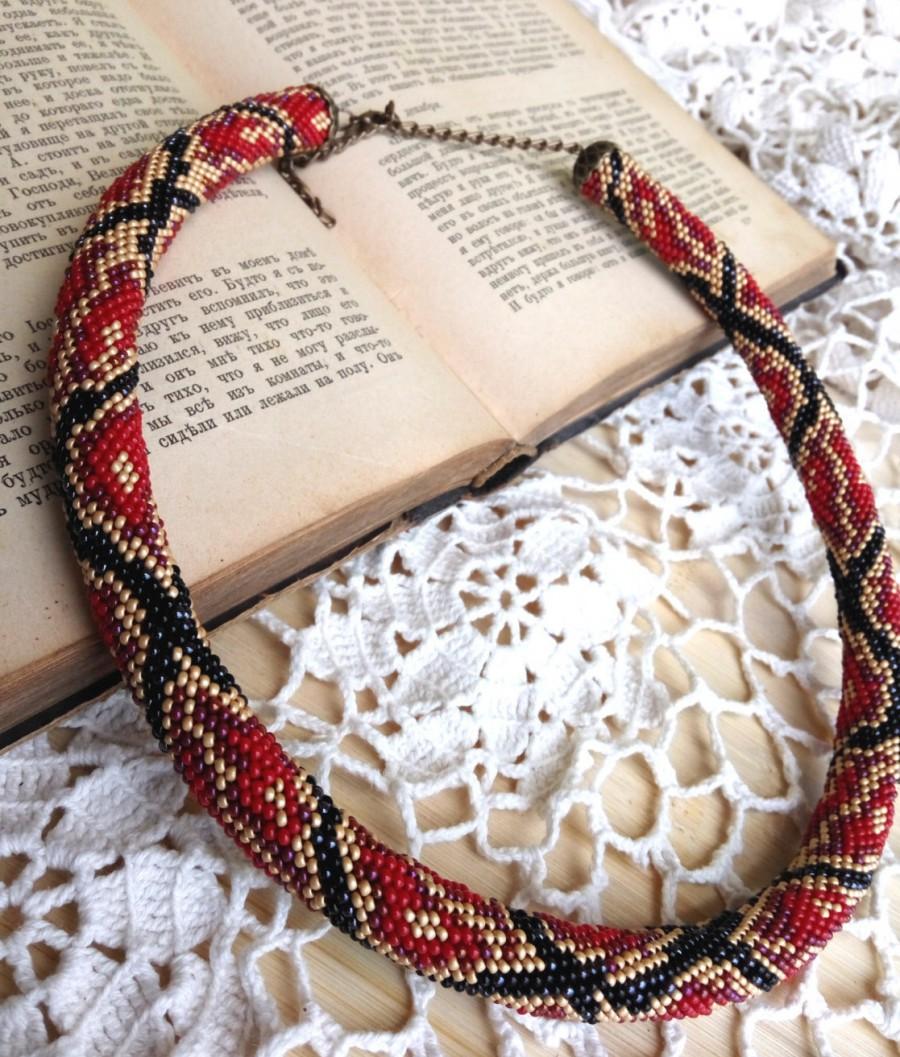 Hochzeit - Valentines gift Red black python necklace rope skin reptile snake animal skin print beadwork unusual safari jewelry crochet casual jewellery