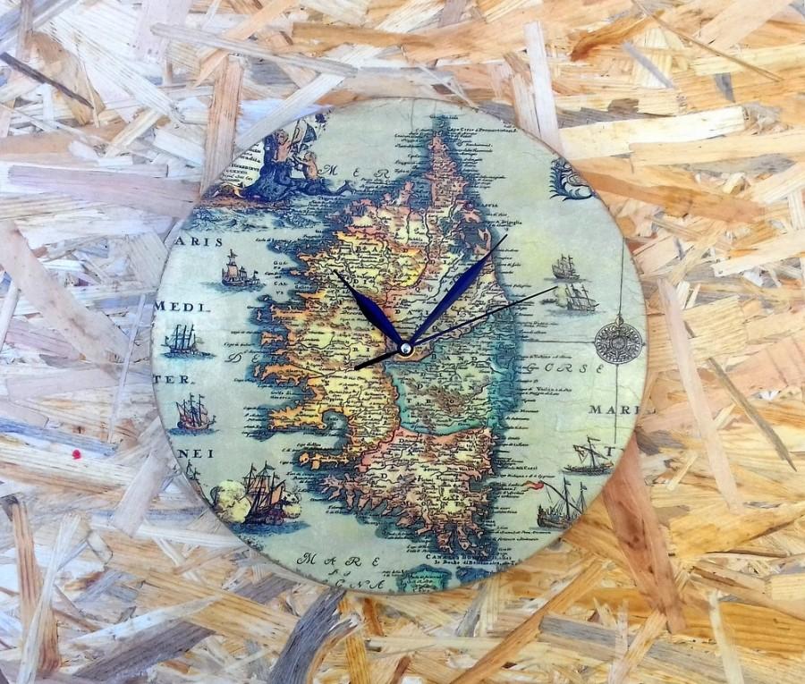 Wedding - Wall clock, Valentine gift for man, decoupage clock, wooden clock, vintage style clock, old map clock, rustic style clock, shabby chic clock