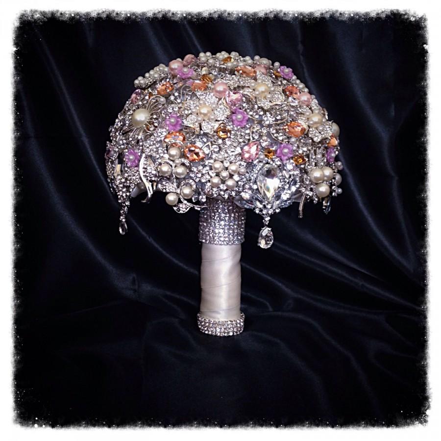 Hochzeit - Pink Peach Brooch Bouquet. Deposit on Crystal Bling Pearl Brooch Bridal Bouquet. Pink rose peach amber ivory silver Broach Bouquet
