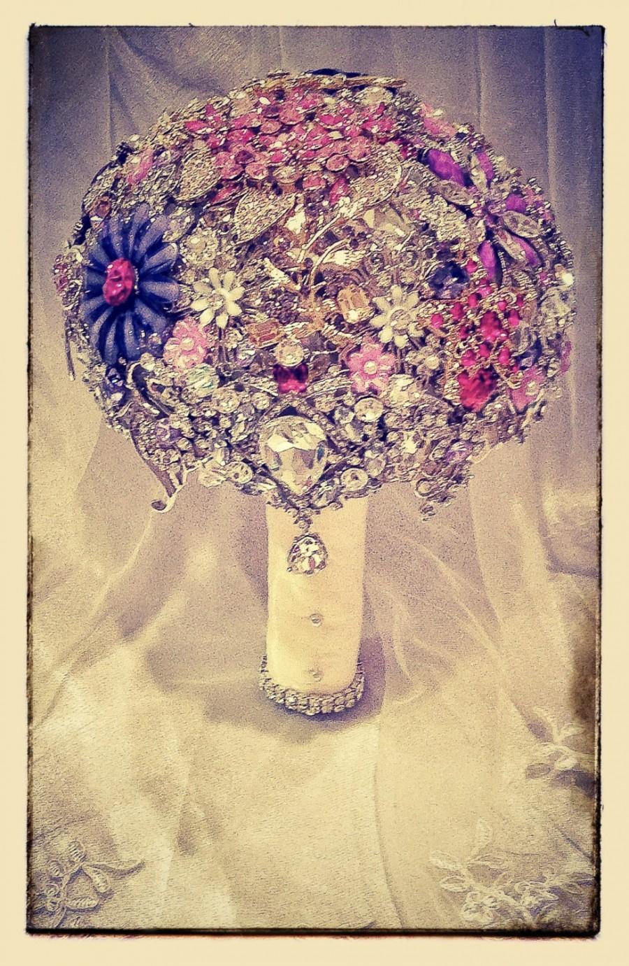 Wedding - Purple Pink Wedding Brooch Bouquet. DEPOSIT on Pink Purple Gold Silver Jeweled Crystal Bling Diamond Bridal Bridesmaid Broach Bouquet