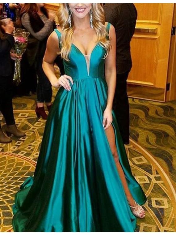 Mariage - Sexy Hunter V-Neck Sleeveless Sweep Train Split A-line Prom Dress on Luulla