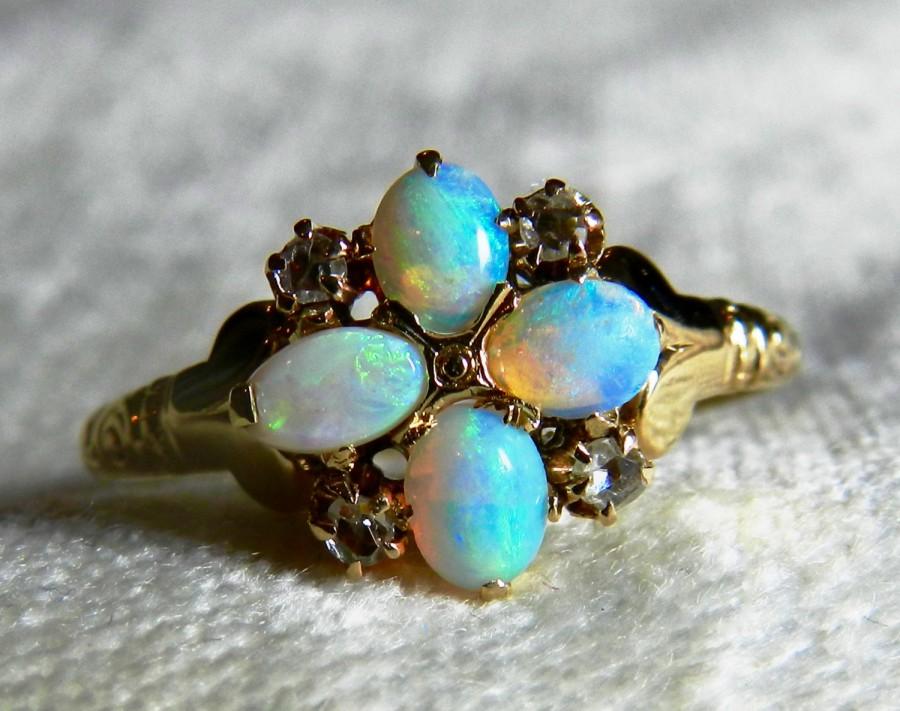 Wedding - Opal Ring Opal Engagement Ring Victorian Antique 14K Rose Cut Diamond Ring Art Nouveau Ring Blue Opal Ring October Birthstone Libra