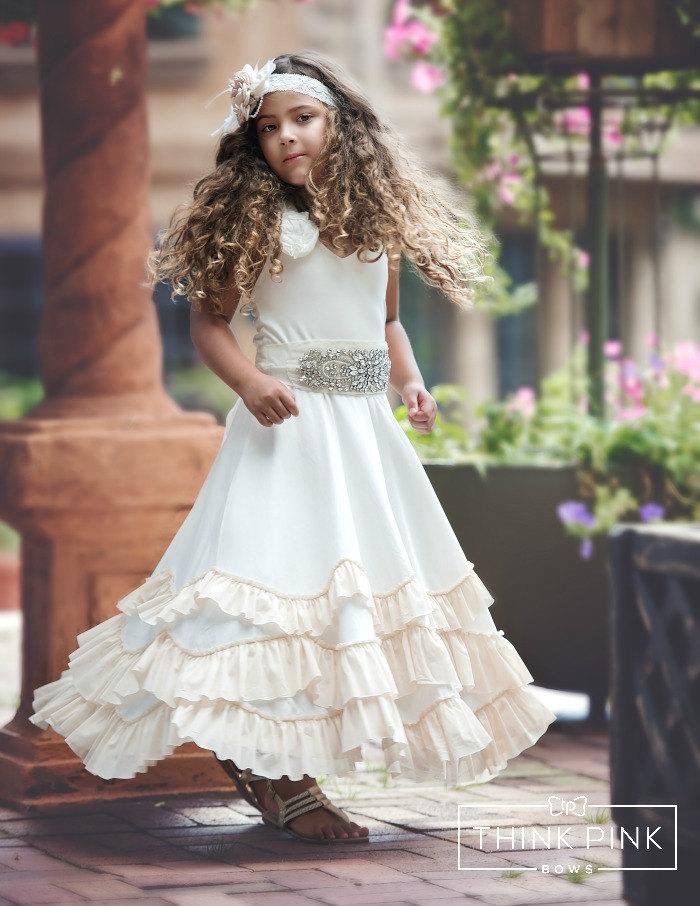 Hochzeit - Flower Girl dresses, boho flower girl dress, rustic flower girl dress, Beach Flower girl dress Ivory champagne, flower girl dress country