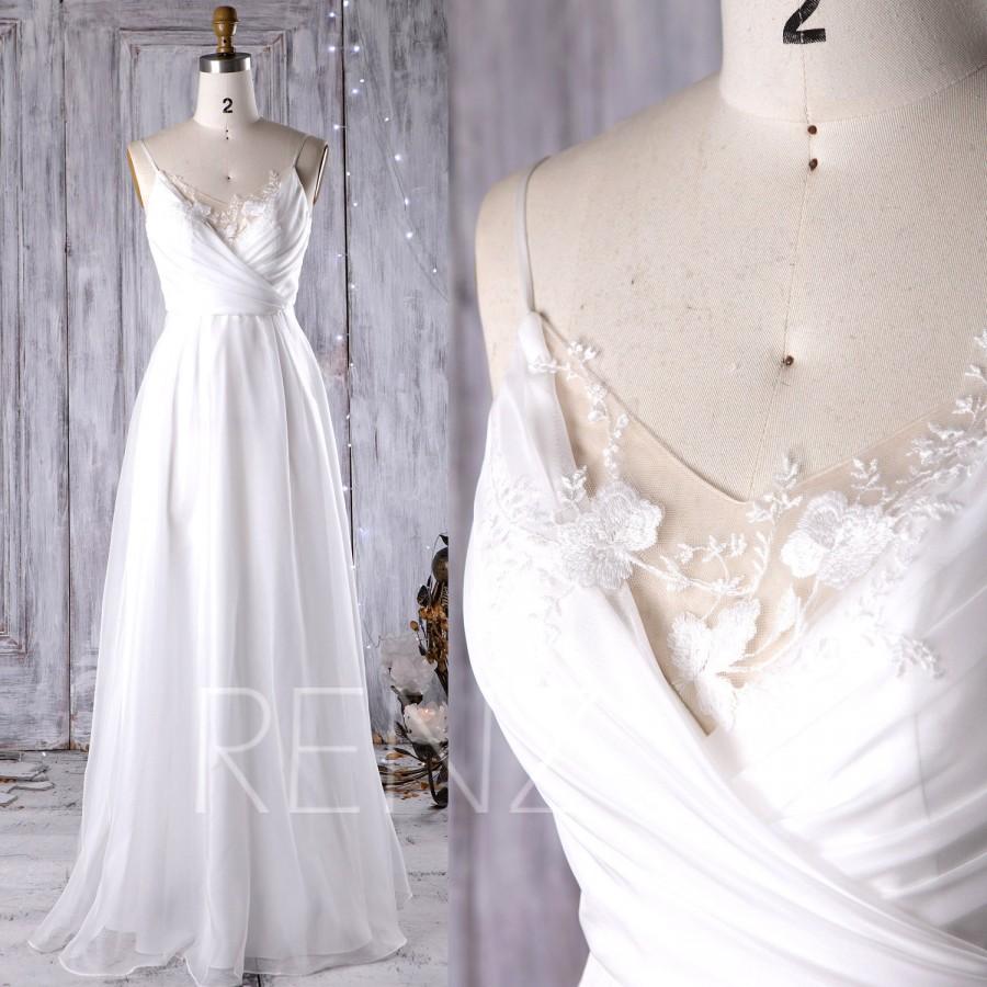 Mariage - 2016 Off White Chiffon Bridesmaid Dress, V Neck Lace Wedding Dress, Spaghetti Straps Prom Dress, A Line Formal Dress Floor Length (JW080)