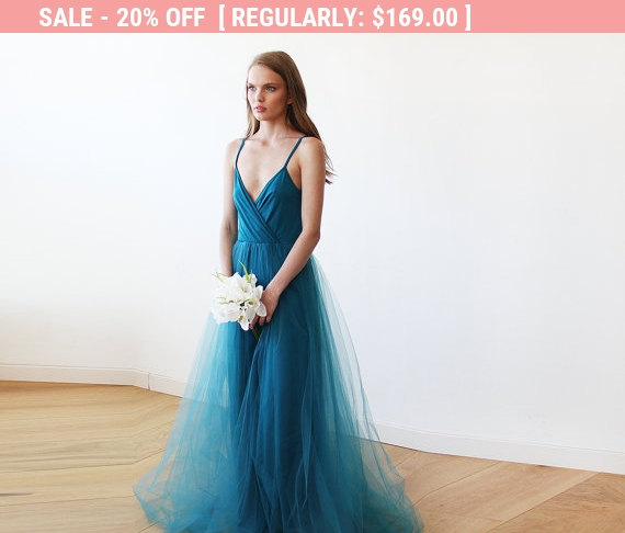 Wedding - 20% OFF Teal blue tulle maxi dress, Fairy tulle maxi dress , Bridesmaids straps maxi blue gown 1053