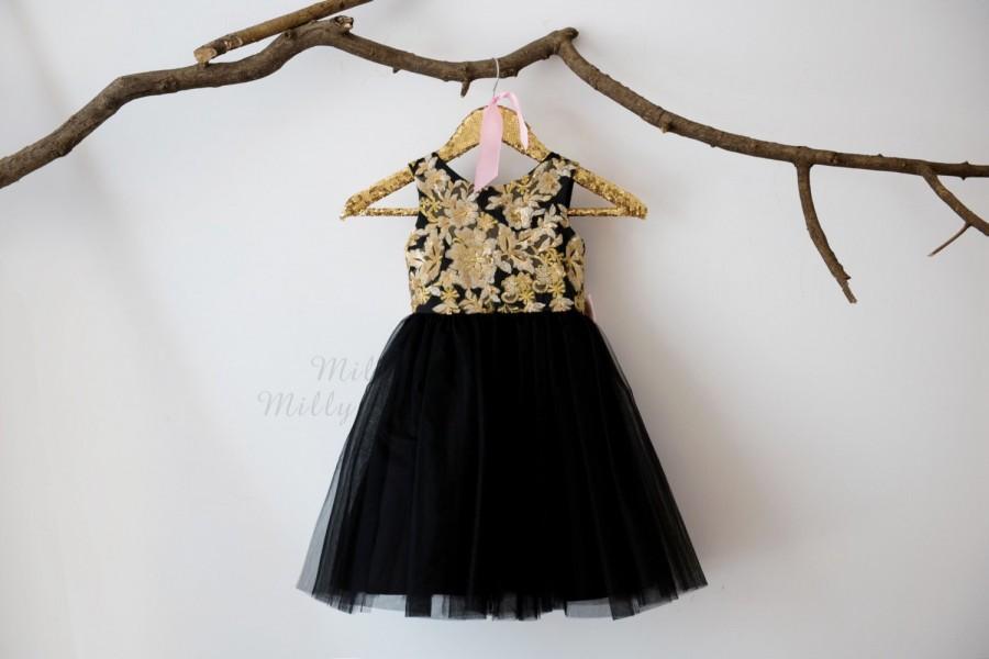 Mariage - Gold Lace Sequin Black Tulle V Back Flower Girl Dress Wedding Bridesmaid Dress M0039
