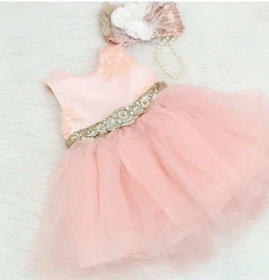 زفاف - Embellished blush pink Gold Girl Dress, First birthday girl outfit, princess dress, birthday dress, lace flower girl dresses
