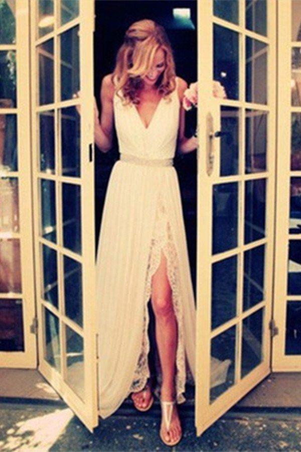 Wedding - Charming Ivory Lace Long Beach Wedding Dress S10