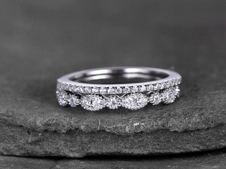 Mariage - Sterling silver ring SET/Cubic Zirconia wedding band/CZ wedding ring/stack ring/2PCS Matching band/Half eternity ring/White gold plated