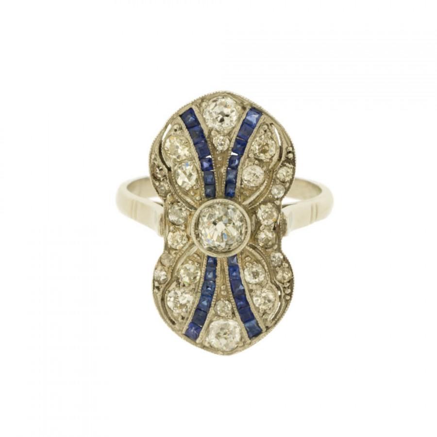 زفاف - Art Deco Diamond and Sapphire Platinum Ring Womens Vintage Jewelry Perfect Gift For Her (3230002)