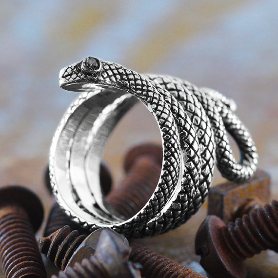 زفاف - Silver Snake Ring Sterling Jewelry Uncut Black Diamonds Personalize Rings