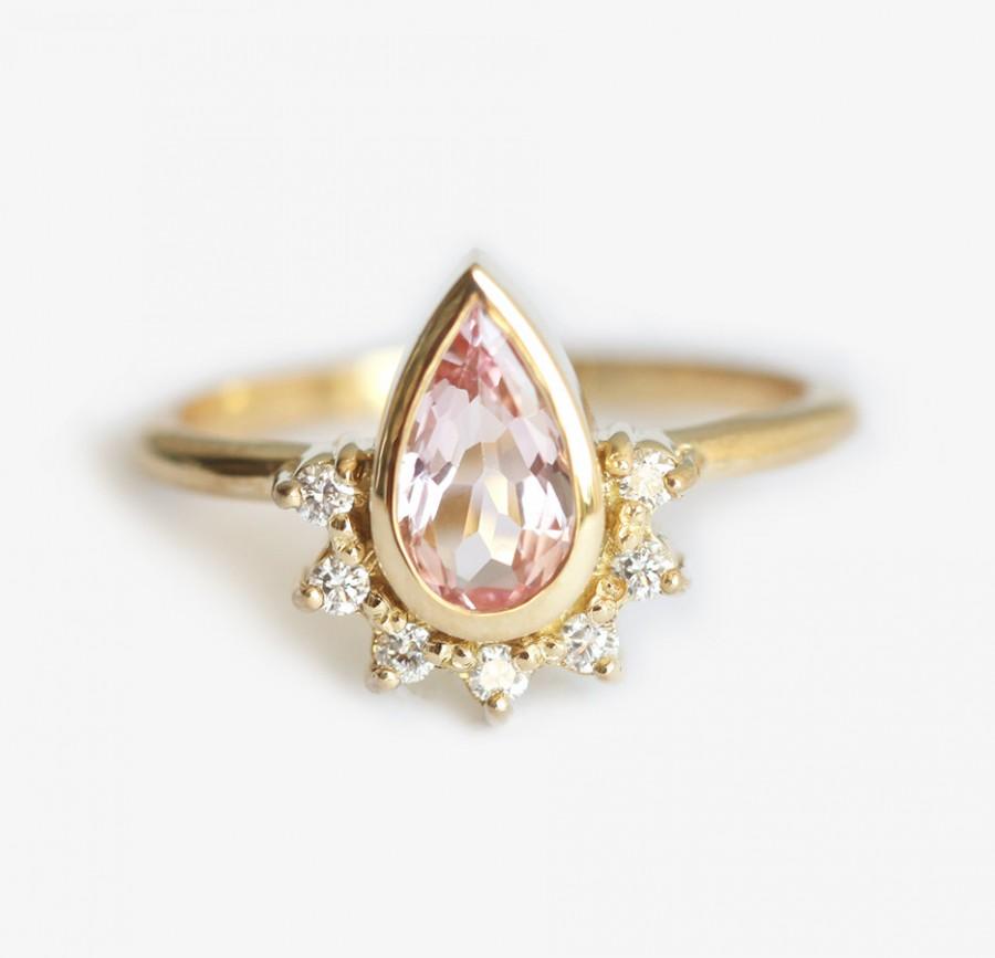Wedding - Pear Sapphire Ring, Pear Engagement Ring, Peach Engagement Ring, Sapphire Engagement Ring, Half Halo Diamond Ring, Half Halo Ring