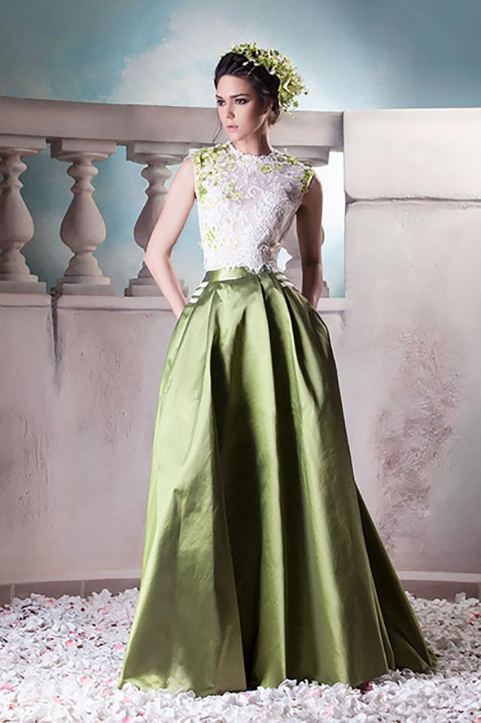Mariage - Green with white lace dress