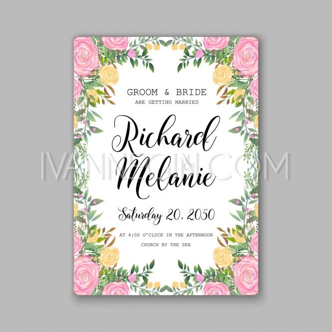 Mariage - Rose wedding invitation printable template with floral wreath or bouquet of rose flower and daisy - Unique vector illustrations, christmas cards, wedding invitations, images and photos by Ivan Negin