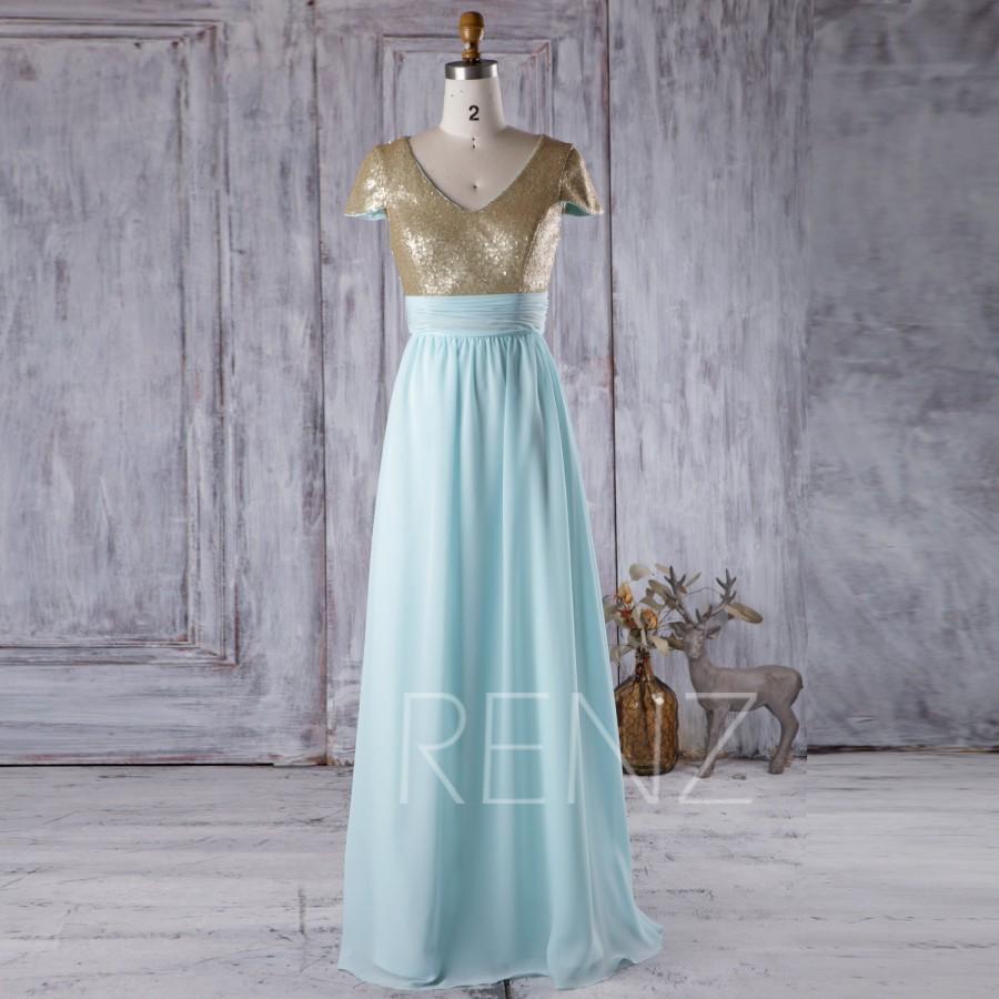 زفاف - 2016 Gold Sequin Bridesmaid Dress, Mint Blue Chiffon V Neck Wedding dress, Cap Sleeves Prom Dress, Long Formal Dress Floor Length (TQ163)