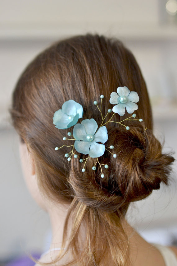 Wedding - Blue flower hair pin Crystal hair vine Blue floral pin Bridal head piece Wedding blue hair dress Turquoise hair pin
