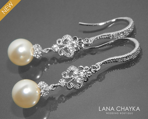 Hochzeit - Bridal Pearl Chandelier Small Earrings Swarovski 8mm Ivory Pearl Earrings Pearl Drop CZ Earrings Wedding Pearl Jewelry Bridesmaid Jewlery