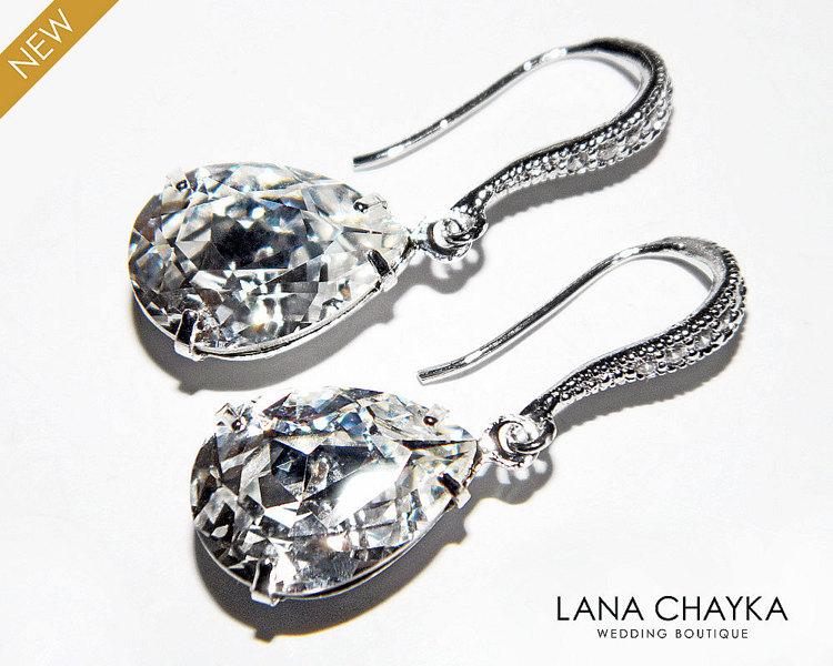 Mariage - CLEAR Crystal Wedding Earrings Swarovski Rhinestone Teardrop Earrings Bridal Earrings Bridesmaid Jewelry Crystal Cz Silver Dangle Earrings