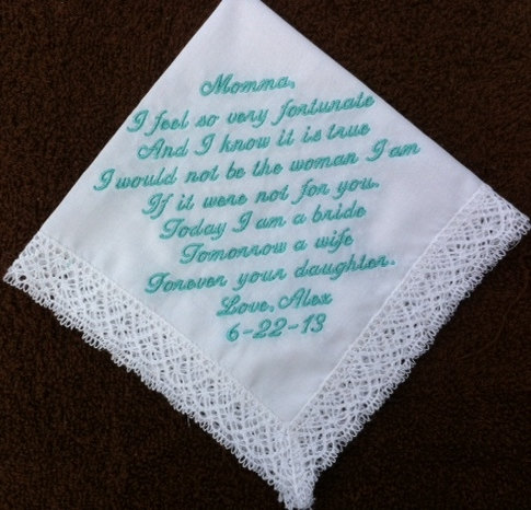 Hochzeit - Mother of the Bride Handkerchief --Corner design with Wedding date, White with Crochet Border