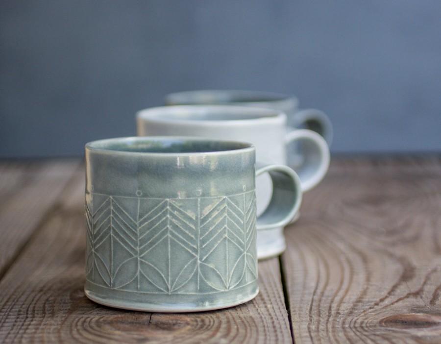 Hochzeit - ceramic mugs set, Dark Blue Mugs, ceramic Coffee Cups, Modern Tea Cups in geometric pattern, unique coffee mugs, holidays gift, SET OF FOUR