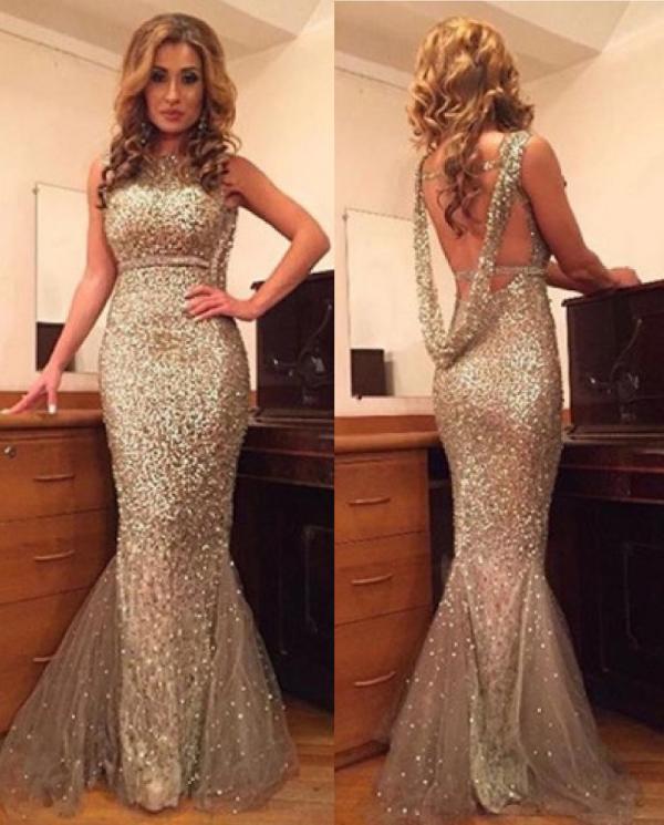 Wedding - Sexy Scoop Sequines Gold Mermaid Backless Prom Dress on Luulla