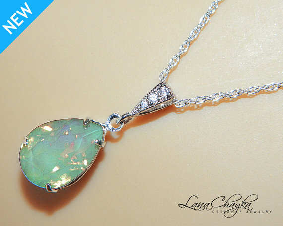 Mariage - Chrysolite Green Opal Necklace Sterling Silver CZ Green Opal Necklace Swarovski Rhinestone Opal Teardrop Necklace Bridesmaid Wedding Jewelry