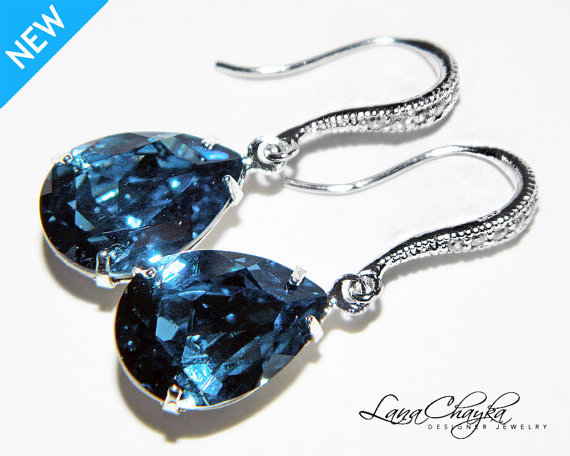 زفاف - Blue Crystal Wedding Earrings Denim Blue Rhinestone Earrings Swarovski Dark Blue Silver Earrings Teardrop Dangle Earrings Bridesmaid Jewelry