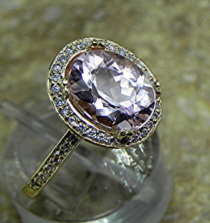 Hochzeit - AAA Pink Morganite   10x8mm  2.37 Carats   in a 14k Yellow gold ring with diamonds (.32ct) Ring 1811 MMM