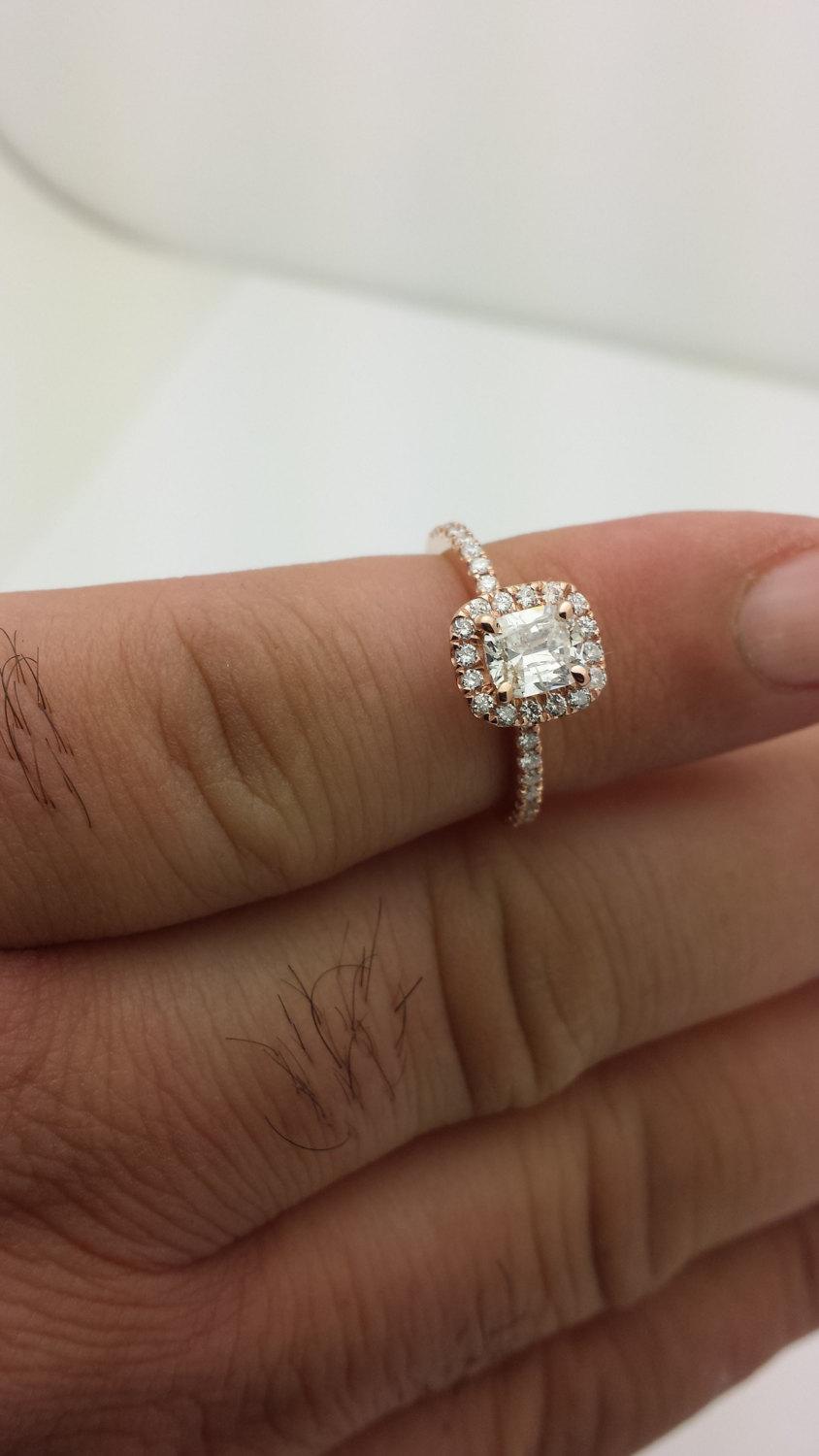 زفاف - Rose Gold Cushion Halo Diamond Engagement Ring- Cushion Cut- Rose Gold- Micro Pave Ring