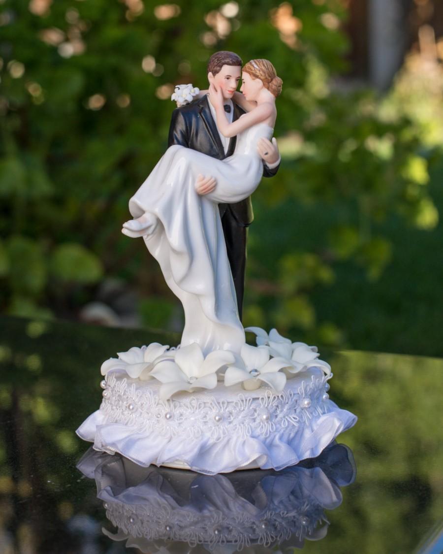 Hochzeit - Stephanotis Cake Topper with Groom Holding Bride - Custom Painted Hair Color Available -  104429