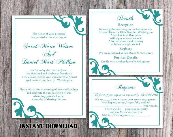 Свадьба - DIY Wedding Invitation Template Set Editable Word File Instant Download Elegant Printable Invitation Teal Wedding Invitation Blue Invitation