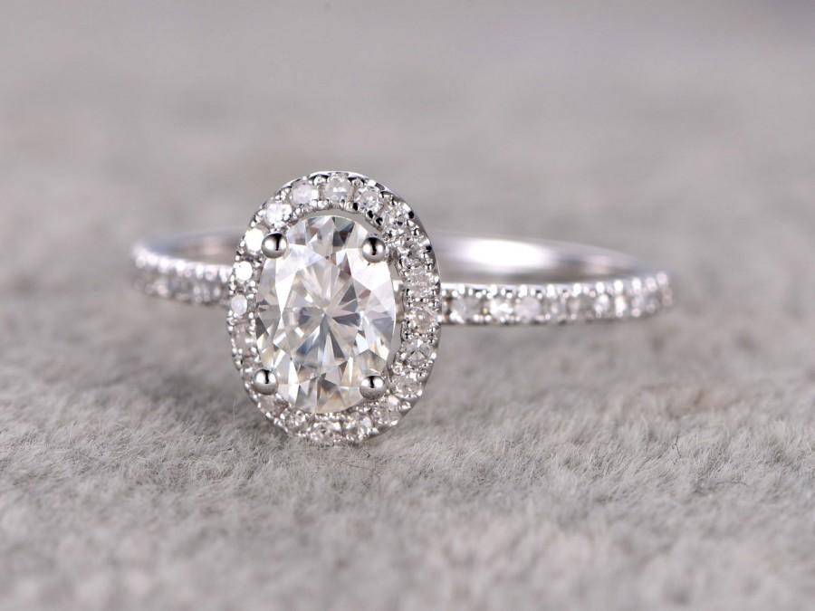 Wedding - 1ct brilliant Moissanite Engagement ring White gold,Diamond wedding band,14k,5x7mm Oval Cut,Gemstone Promise Bridal Ring,Anniversary,Halo