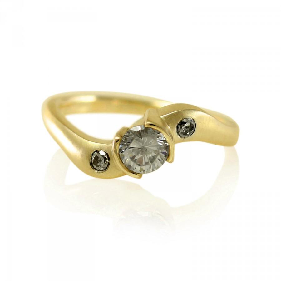 زفاف - Twist Shank Moissanite Bezel Engagement Ring with Ethical Diamonds, in 14k Yellow Gold or 18k Yellow Gold, Ethical Engagement Ring